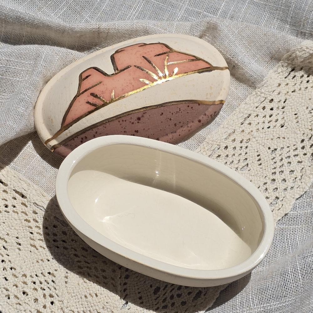 MESA Handcrafted Ceramic Jewelry Box - Pink, Gold, and Cream Made In Canada